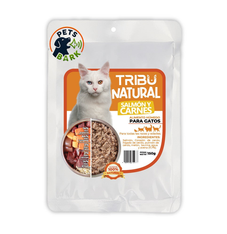 Alimento Natural Salmón y Carnes para gato, 150 gramos