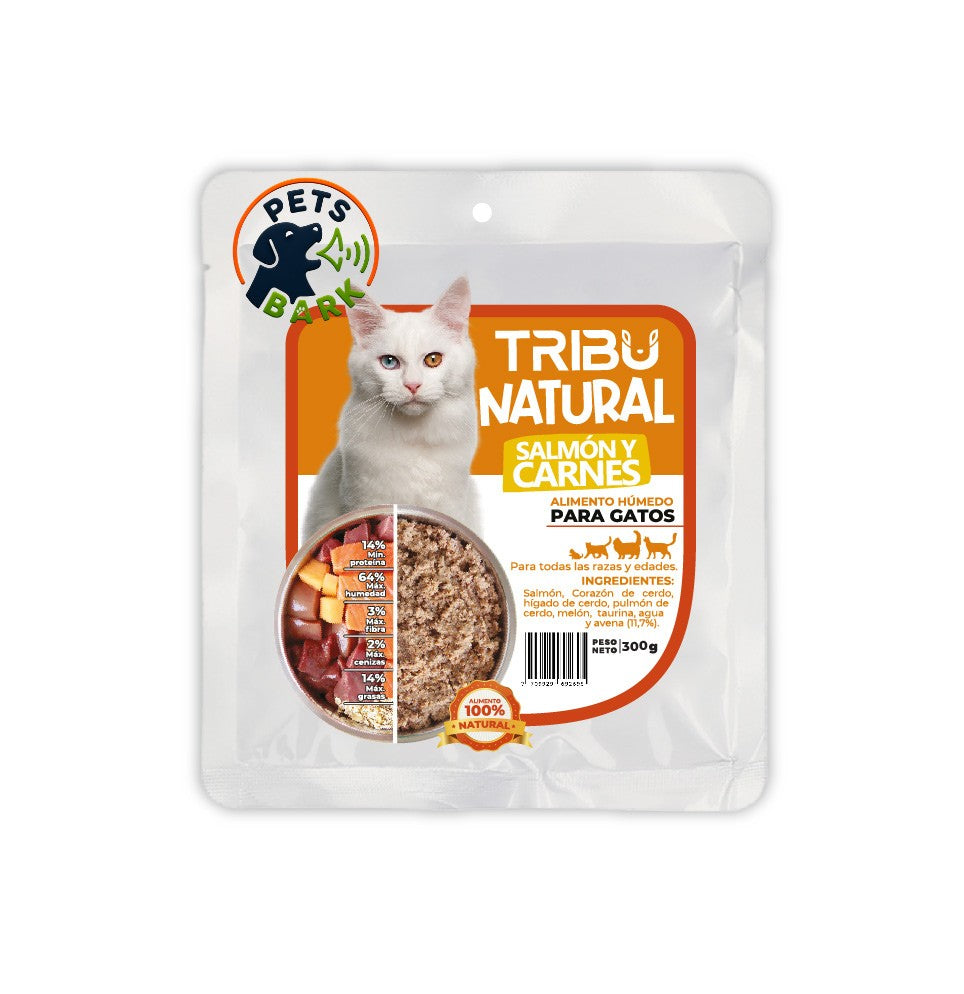 Alimento Natural Salmón y Carnes para gato, 300 gramos