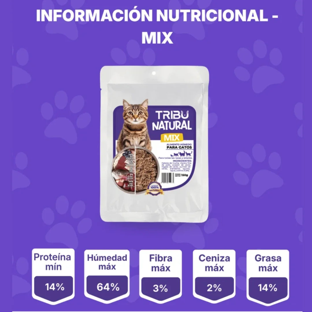 Alimento Natural húmedo Mix de Carnes para gato, 300 gramos