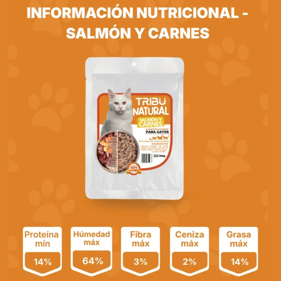 Alimento Natural Salmón y Carnes para gato, 150 gramos